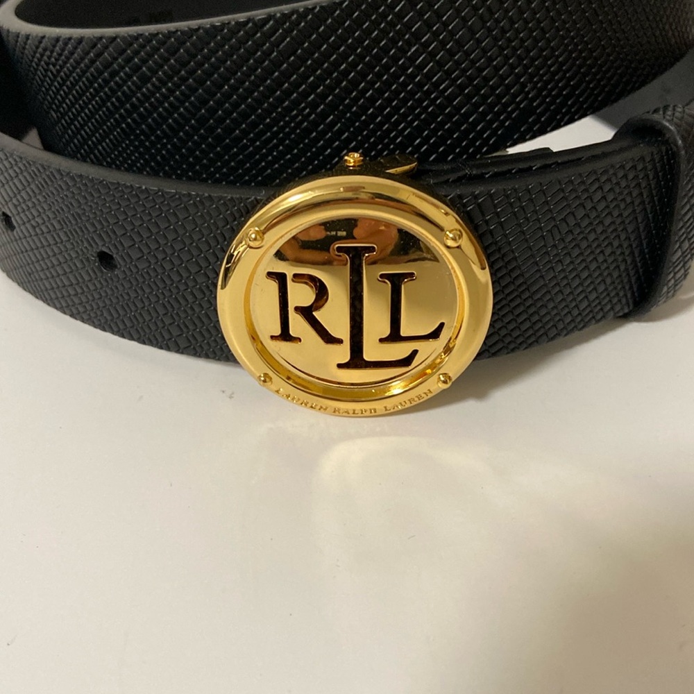 Ralph Lauren Black Textured Leather Belt with Gold RL Medallion Buckle